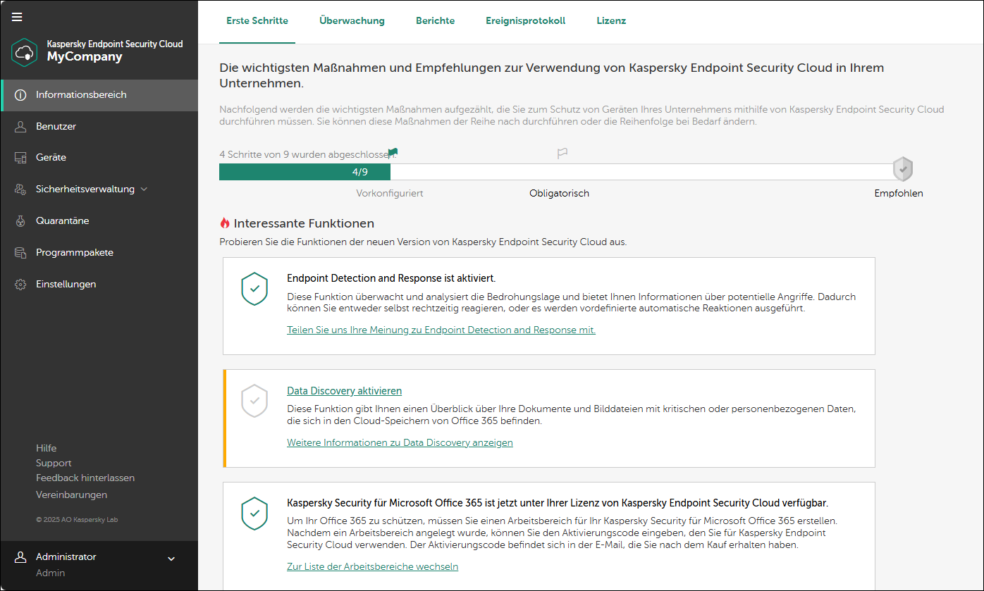 Informationsbereich → Fenster "Erste Schritte".