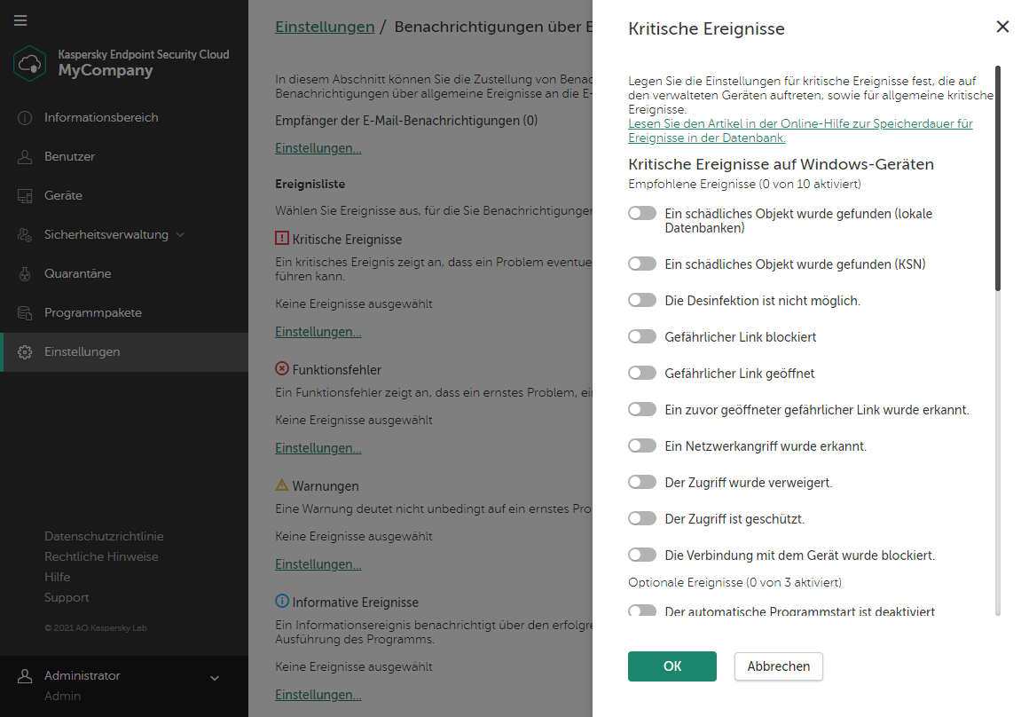 Einstellungen → Fenster "Ereignisbenachrichtigungen". Flyout "Kritische Ereignisse".