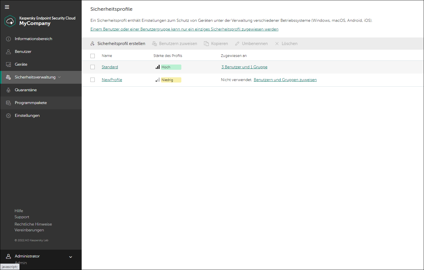 Das Fenster "Sicherheitsprofile".