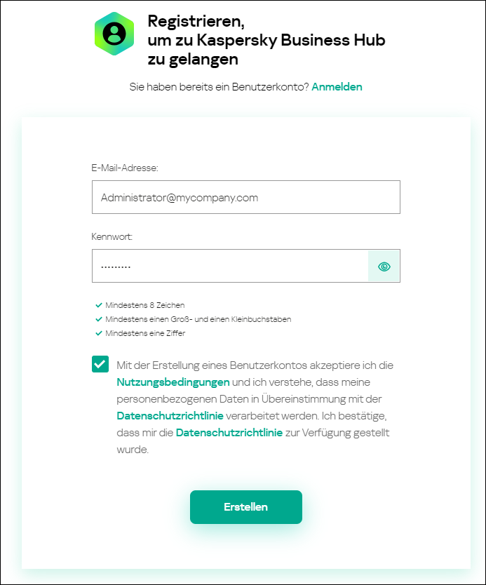 Um den Kaspersky Business Hub zu betreten, müssen Sie sich anmelden.