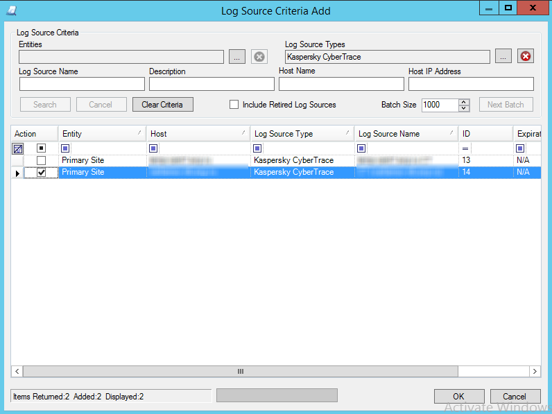 LogRhythm の［Log Source Criteria Add］ウィンドウ。