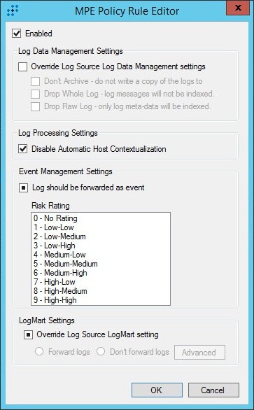 LogRhythm の［MPE Policy Rule Editor］ウィンドウ。