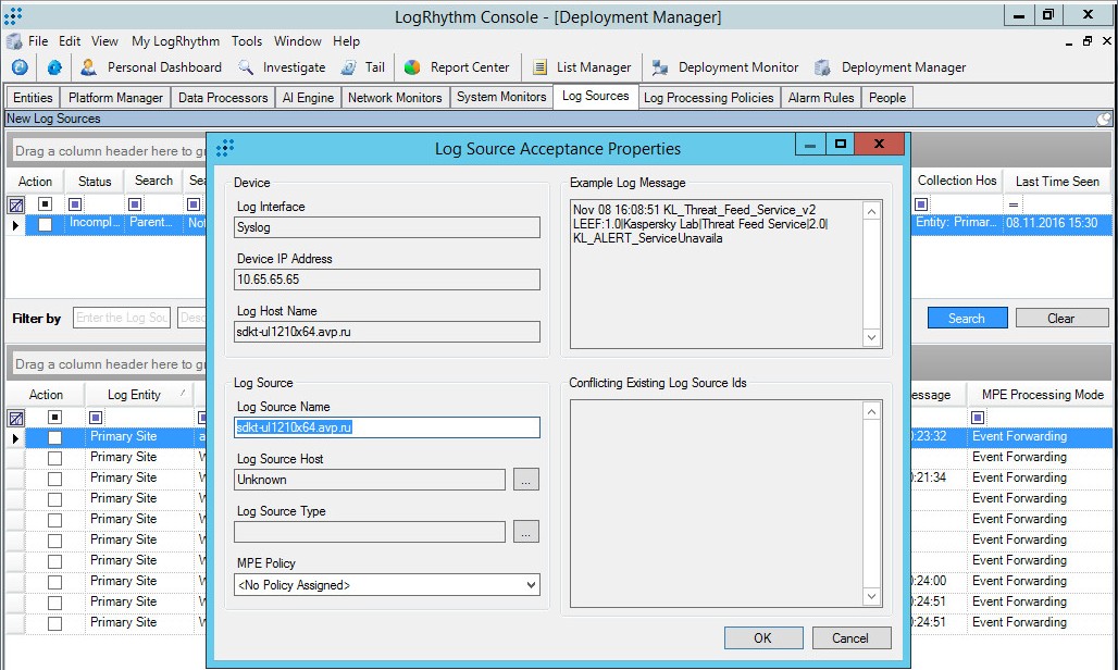 LogRhythm の［Log Source Acceptance Properties］ウィンドウ。