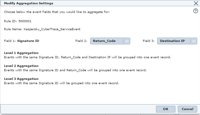 McAfee の［Modify Aggregation Settings］ウィンドウ。