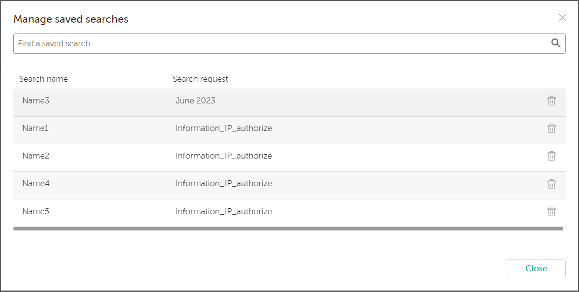 CyberTrace の［Manage saved searches］ウィンドウ。