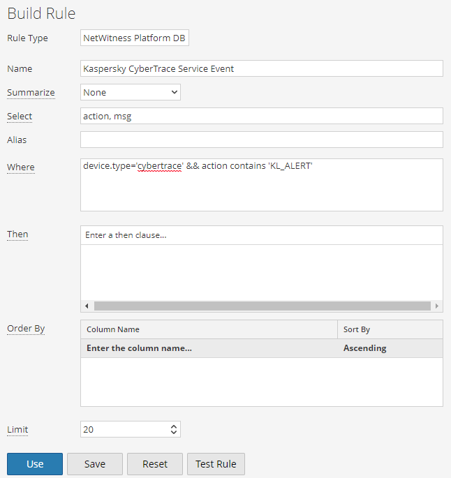 Build Rule window in RSA NetWitness.