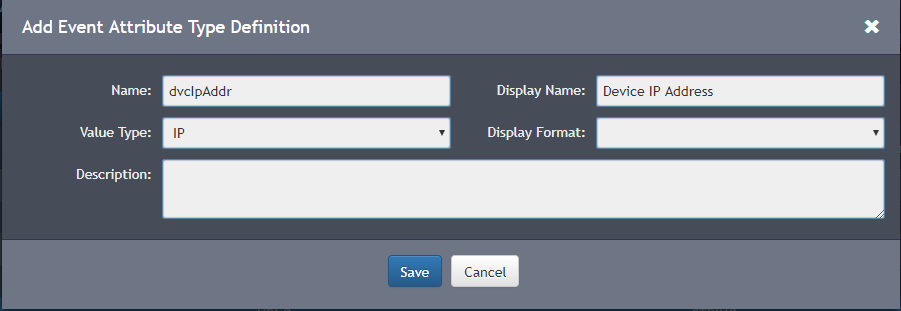 Add Event Attribute Type Definition window in FortiSIEM.