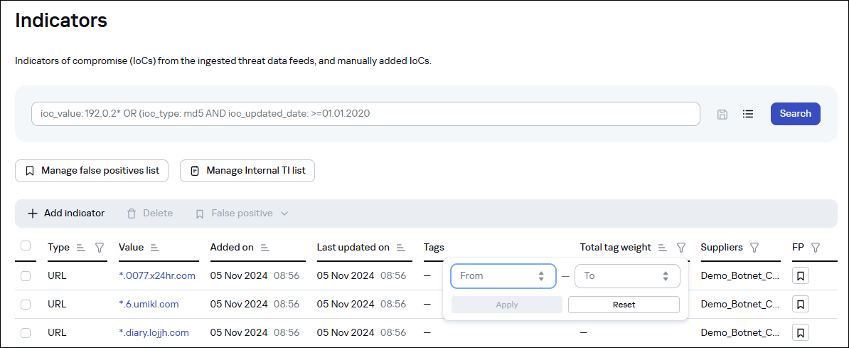 Indicators page in CyberTrace.