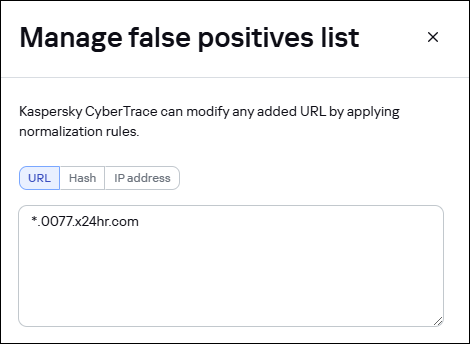 Manage false positives list window in CyberTrace.
