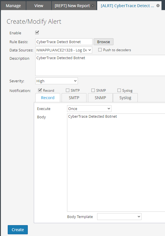 Create/Modify Alert window in RSA NetWitness.