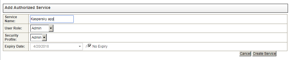 QRadar の［Add Authorized Service］ウィンドウ。