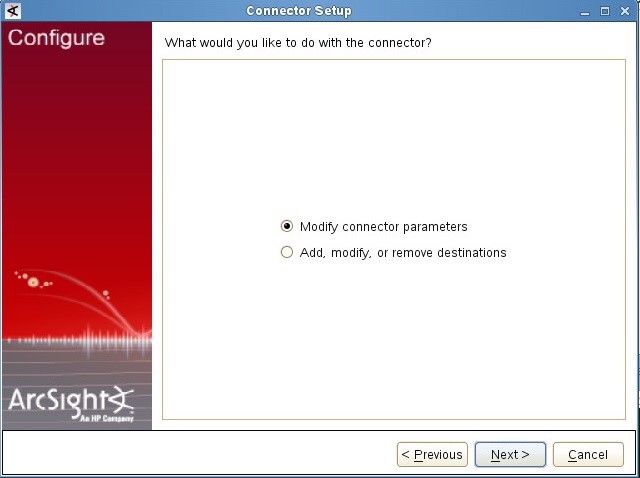 ArcSight で［Modify connector parameters］を選択しています。