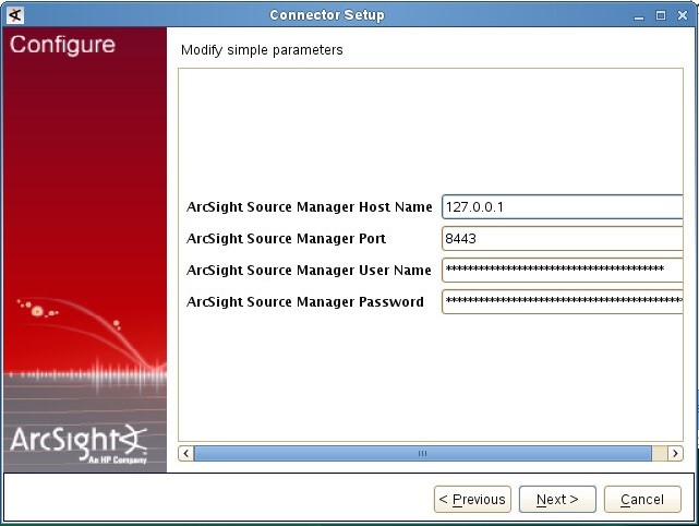 ArcSight の［Modify simple parameters］ウィンドウ。