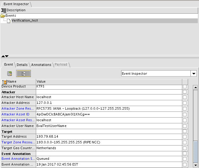 ArcSight の［Event Inspector］タブ。