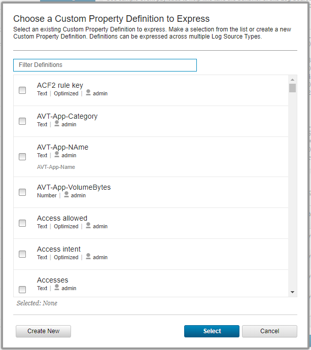 QRadar の［Choose a Custom Property Definition to Express］ウィンドウ。