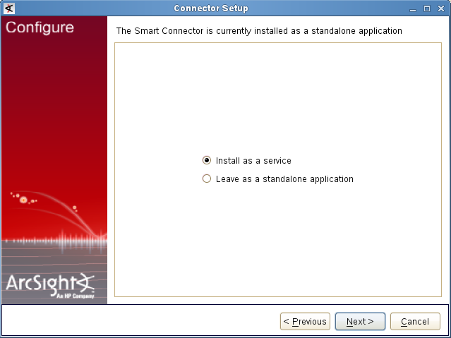 ArcSight で［Install as a service］を選択しています。
