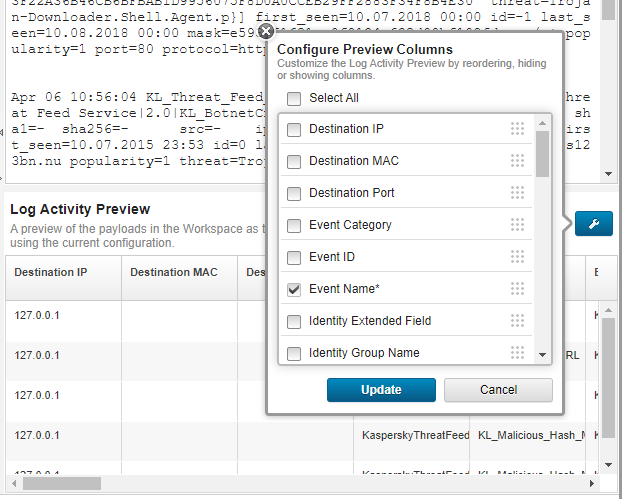 QRadar の［Configuring Preview Columns］ウィンドウ。