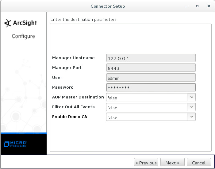 ArcSight の［Enter the destination parameters］ウィンドウ。