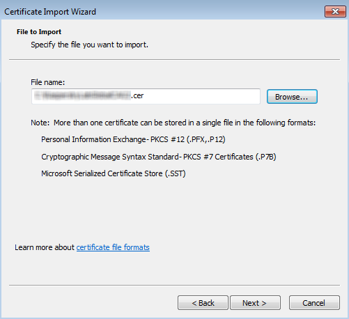 Certificate Import ウィザード指定された CER ファイル