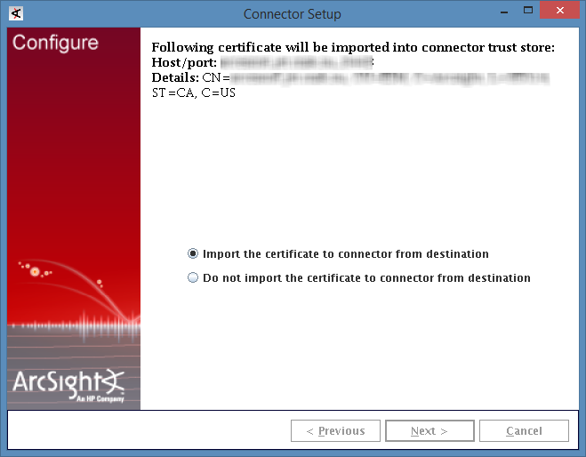 ArcSight で証明書をインポートしています。