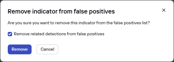 CyberTrace の［Remove indicators from false positives］ウィンドウ。