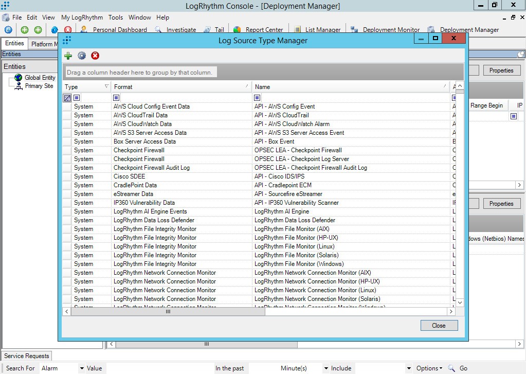 LogRhythm の［Log Source Type Manager］ウィンドウ。