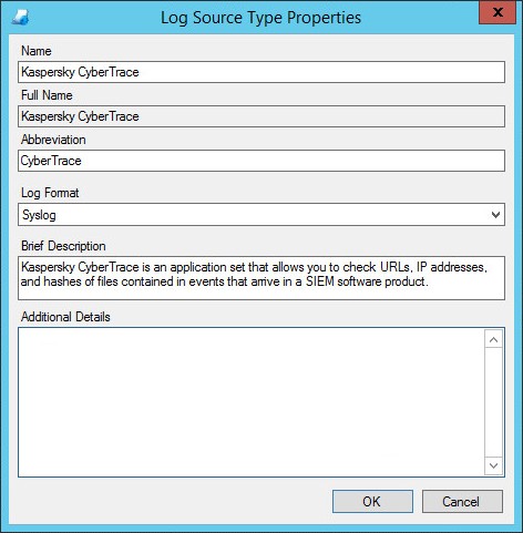 LogRhythm の［Log Source Type Properties］ウィンドウ。