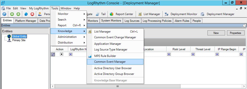 LogRhythm の［Tools］→［Knowledge］→［Common Event Manager］メニュー項目。