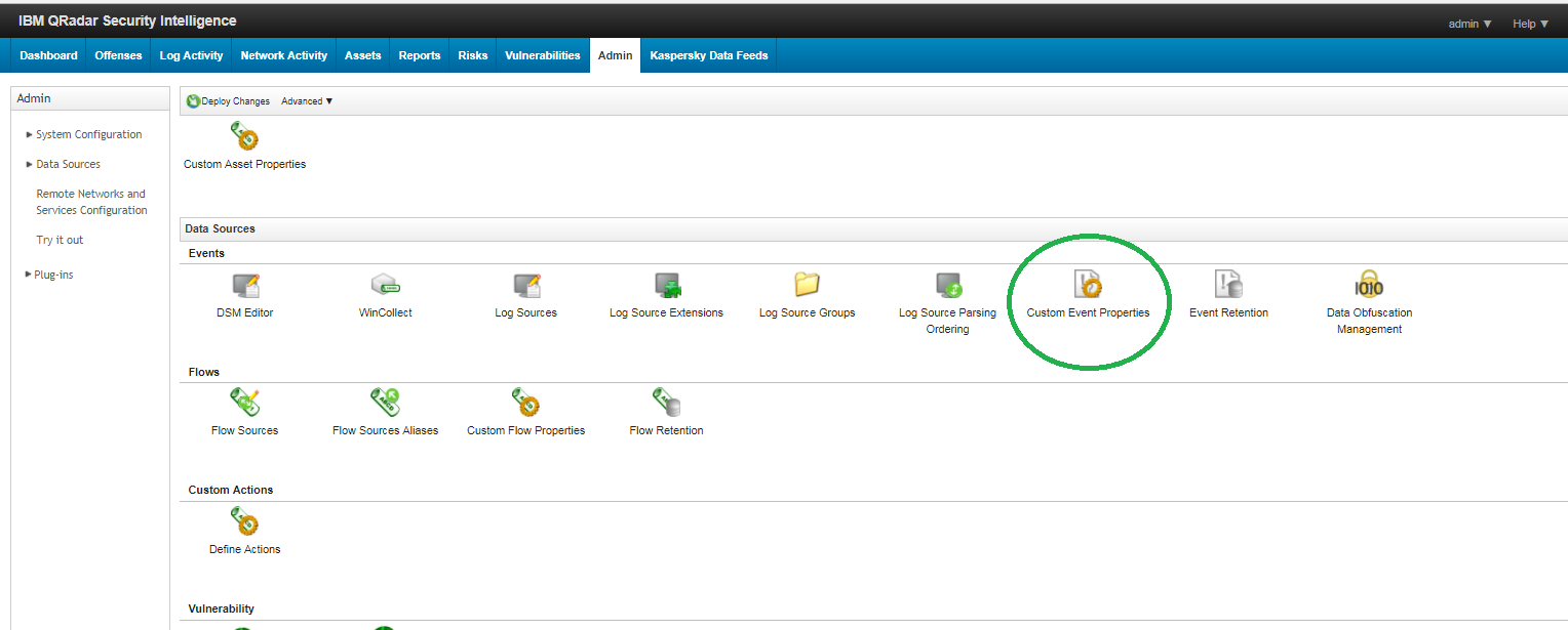 QRadar の［Admin］タブ。［Custom Event Properties］アイコン。