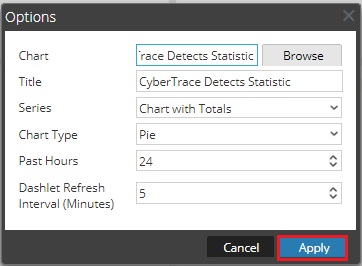 RSA NetWitness の［Options］ウィンドウ。［Apply］。