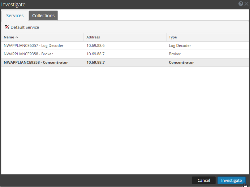 RSA NetWitness の［Services］タブ。