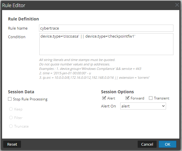 RSA NetWitness の［Rule Editor］ウィンドウ。