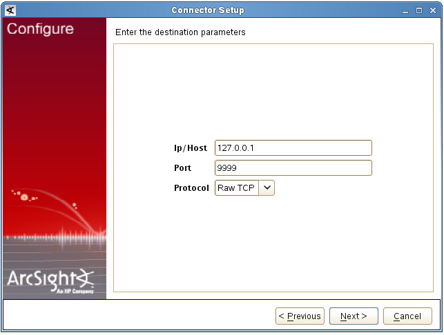 ArcSight の［Enter the destination parameters］ウィンドウ。