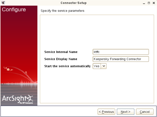 ArcSight の［Specifying the service parameters］ウィンドウ。