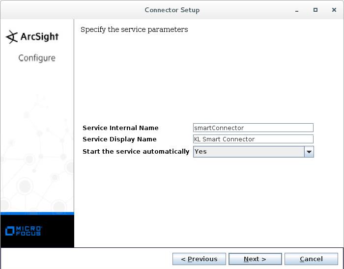 ArcSight の［Specify the service parameters］ウィンドウ。
