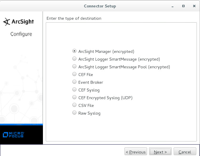 ArcSight の［Enter the type of destination］ウィンドウ。
