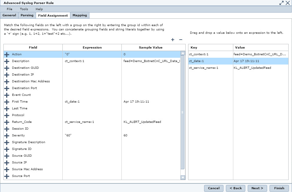 Field Assignment tab in McAfee.