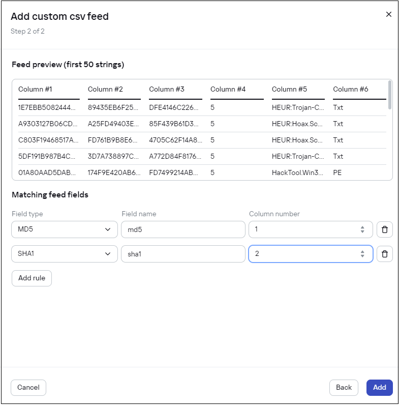Selecting feed fields for matching in CyberTrace.