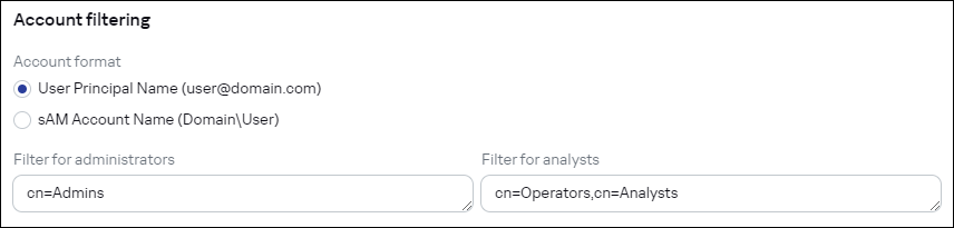 Example of accounts filters in Cybertrace.
