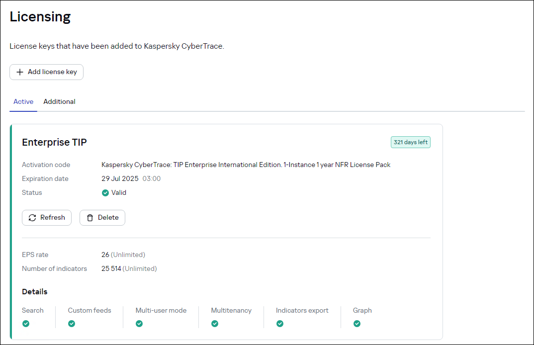 Licensing page in CyberTrace.