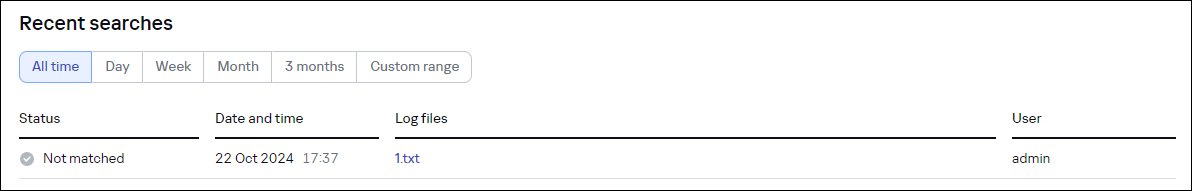 Log file search request history in CyberTrace.