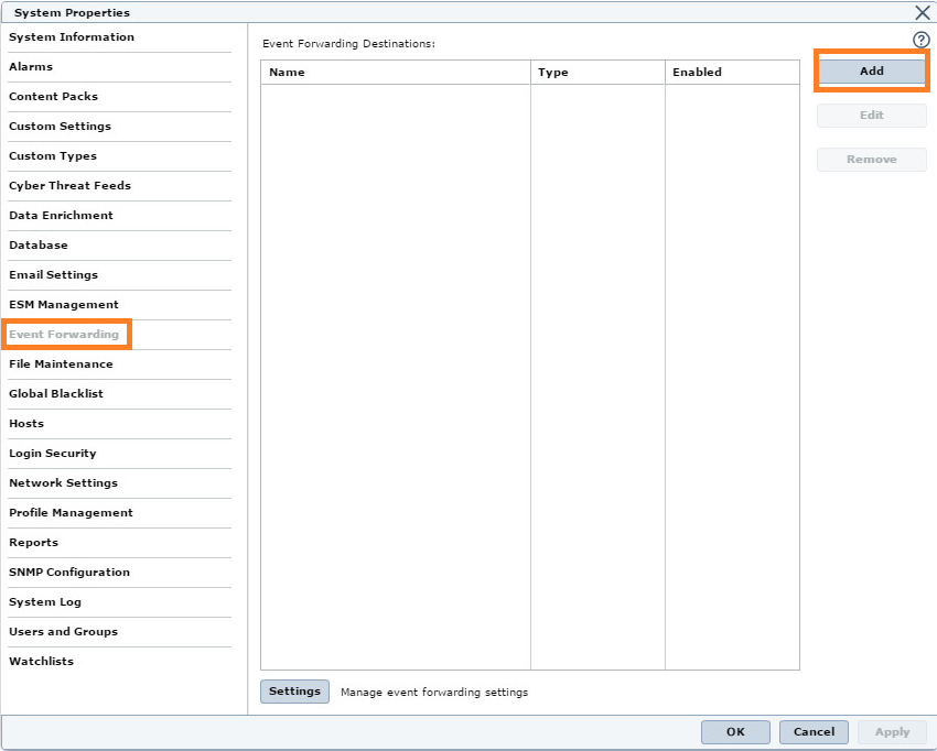 System Properties window in McAfee. Event Forwarding. Add button.