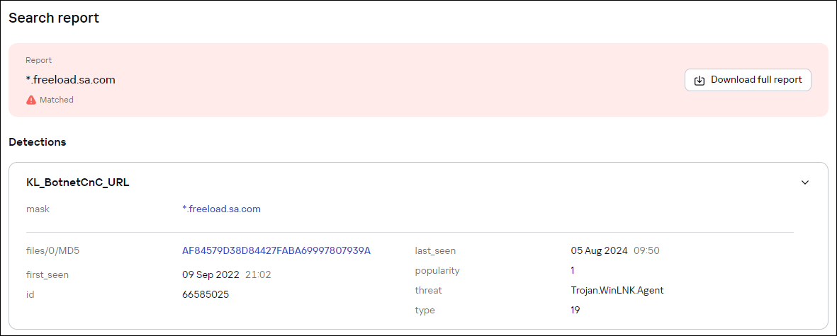 Поиск по отдельному индикатору в CyberTrace. Отчет о поиске.