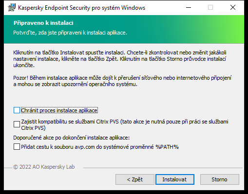 Okno nastavení instalace: ochrana instalace, kompatibilita s Citrix PVS, systémová proměnná pro avp.com.