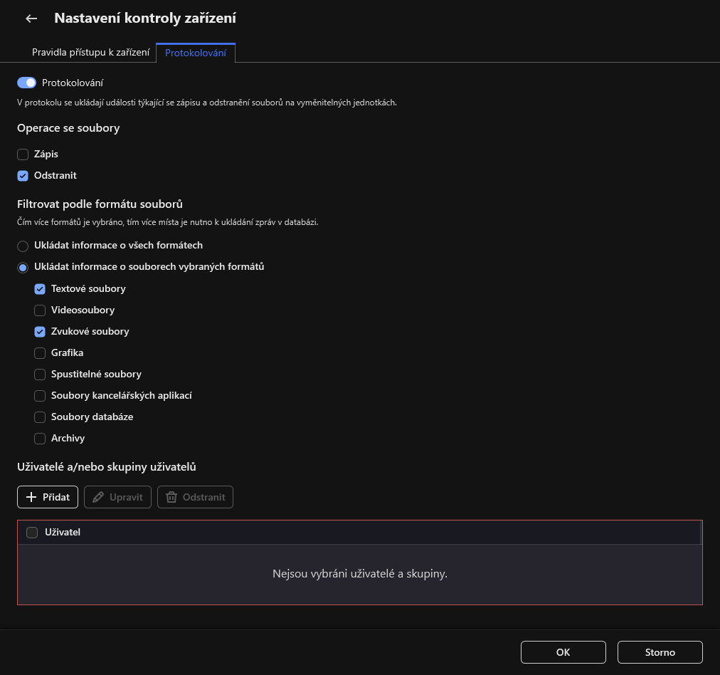 Okno pro konfiguraci protokolování událostí o použití vyměnitelných jednotek. Uživatel si může vybrat události, které mají být protokolovány.