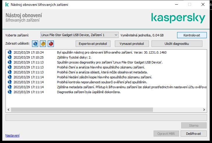 Okno se seznamem událostí nástroje. Uživatel může spustit diagnostiku a dešifrovat vybrané zařízení.