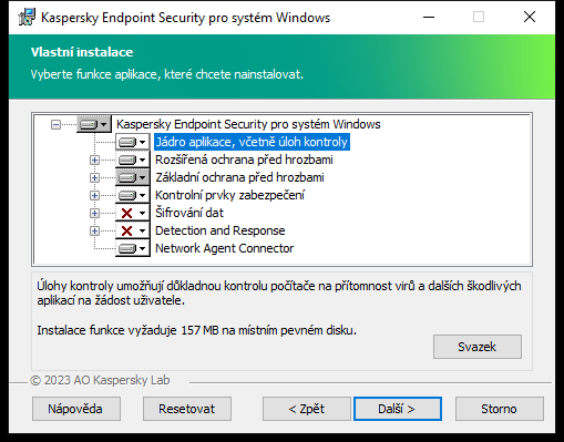 Okno instalačního programu se seznamem součástí, které si uživatel může vybrat.