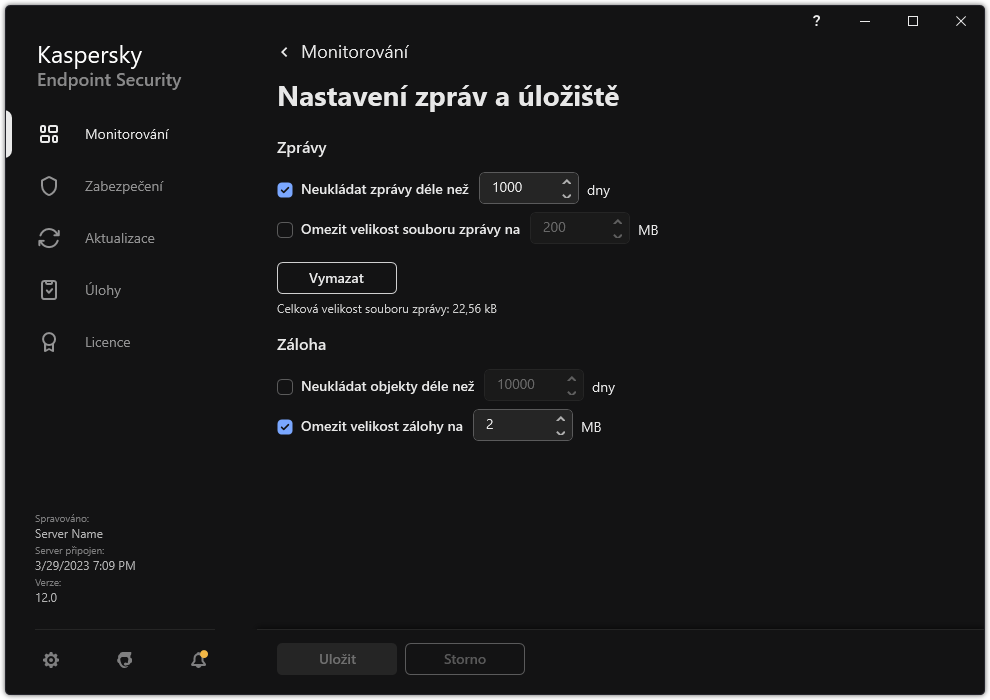 Okno Nastavení zpráv a úložiště. Uživatel může nastavit velikost a omezit dobu uložení sestav a objektů v úložišti.