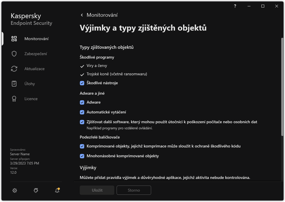 Okno nastavení výjimek. Uživatel může vybrat typy zjišťovaných objektů a přidat objekty do výjimek.