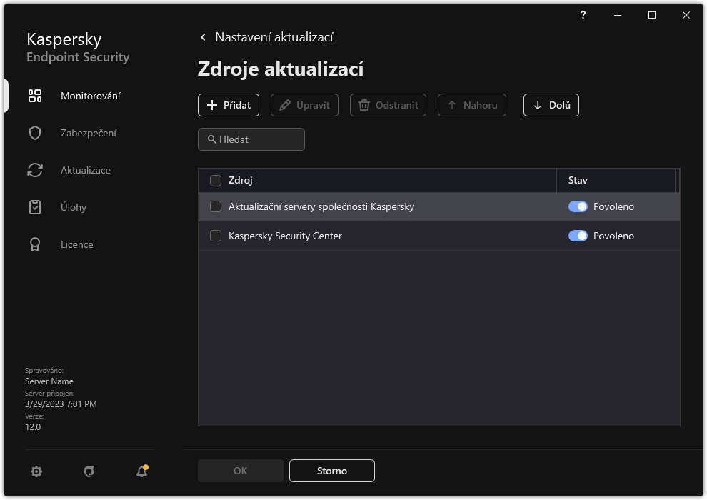 Okno se seznamem zdrojů aktualizací. Uživatel může přidat zdroje aktualizací a přiřadit zdroji prioritu.